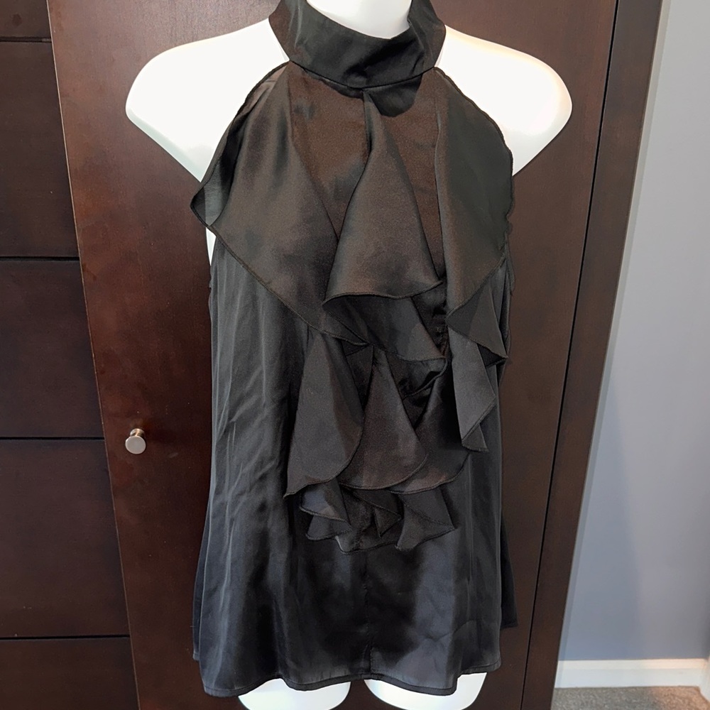 Like New 5/48 Brand High Collar Sleeveless Ruffled Silky Halter Blouse, Saks, M